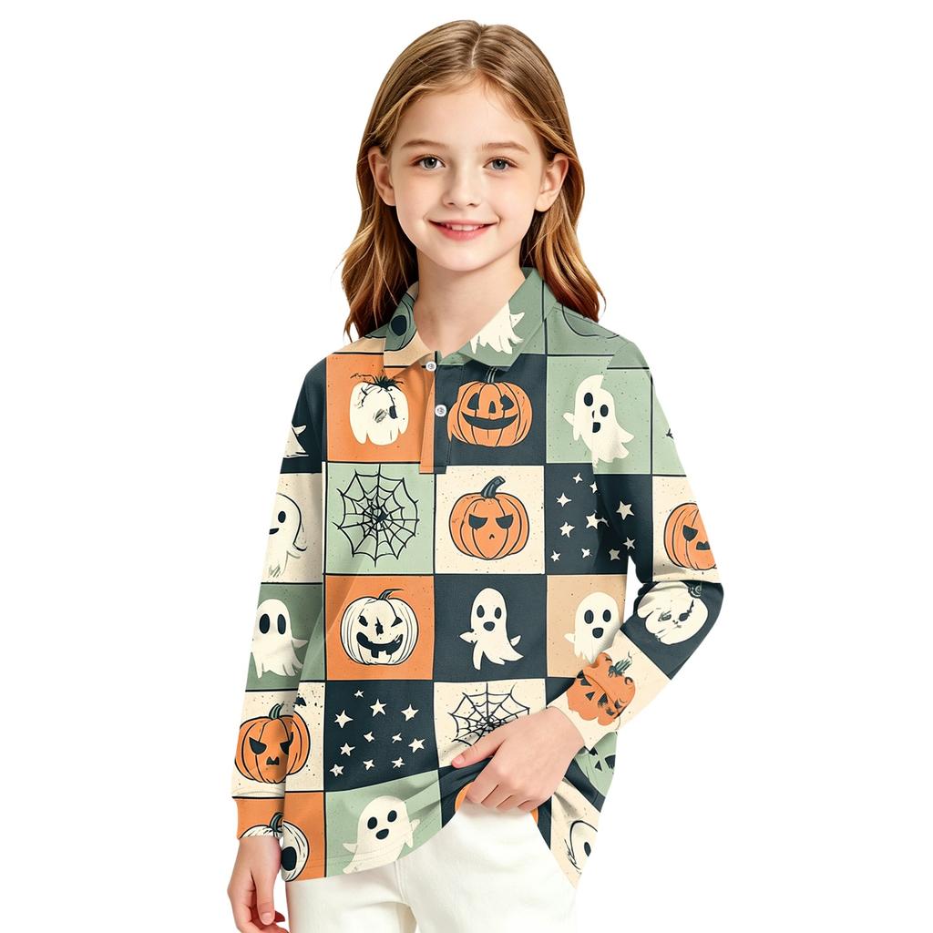 Girls' Long Sleeve Halloween Print School Uniform Blouse for Casual and Formal Wear