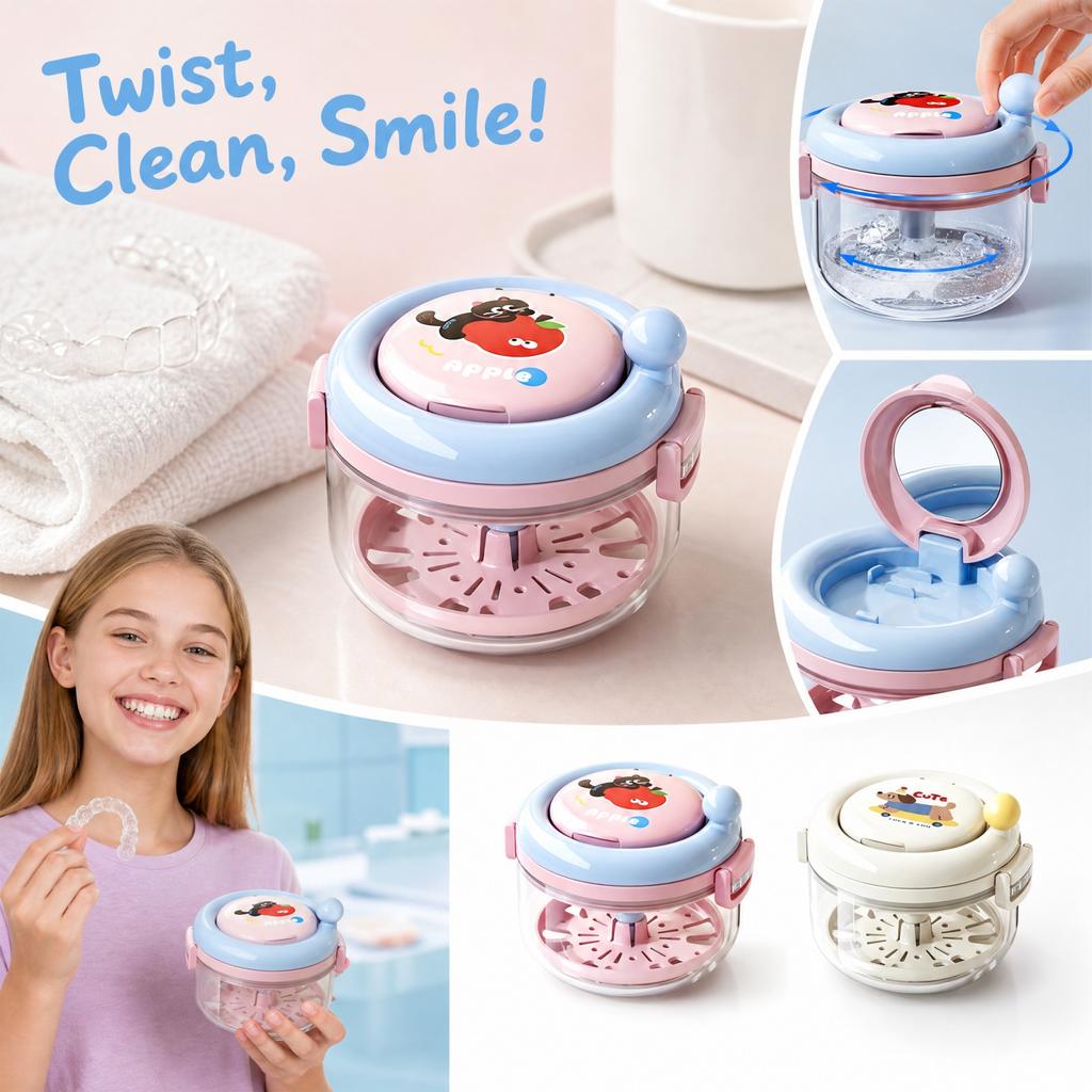 2-in-1 Manual Hand-Crank Retainer Cleaner with Mirror and Storage Box for Kids Appliances and Dentures