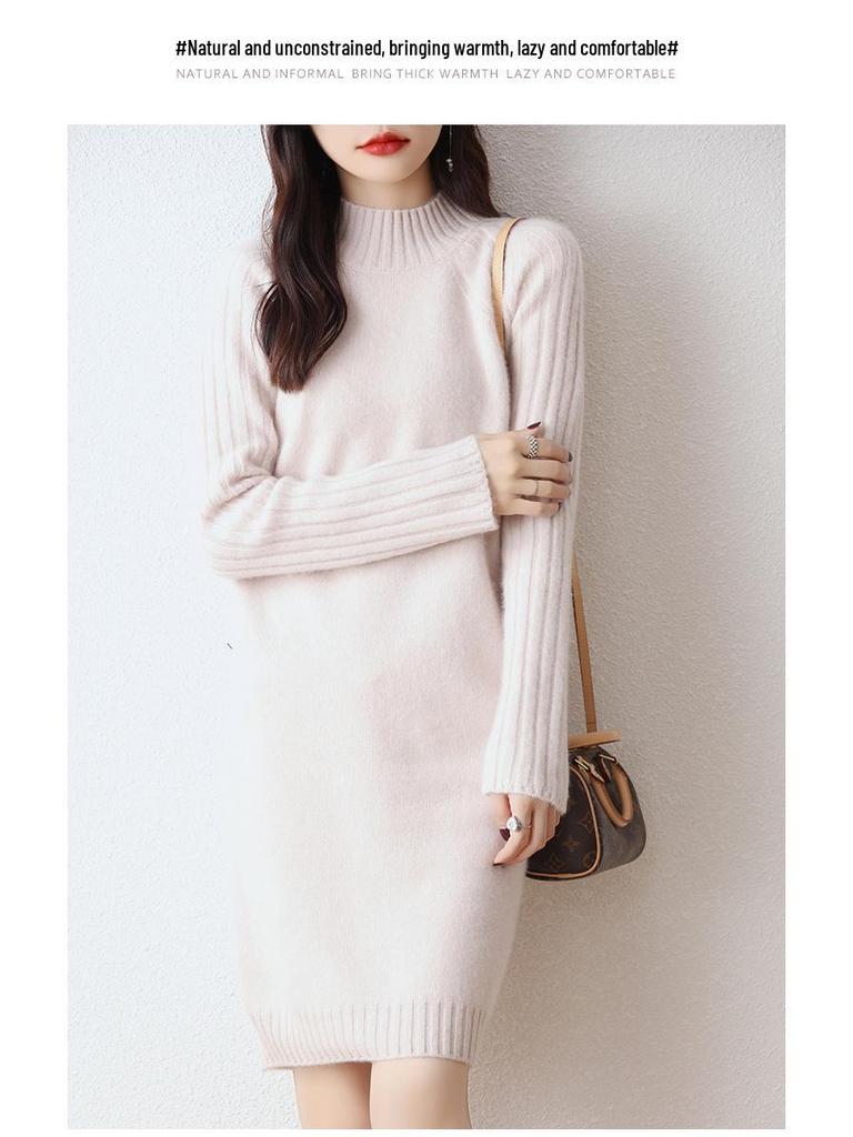 Damska sukienka dzianinowa w stylu koreańskim, dopasowana, 100% wełna - Półwysoki dekolt, pogrubiona na jesień/zimę