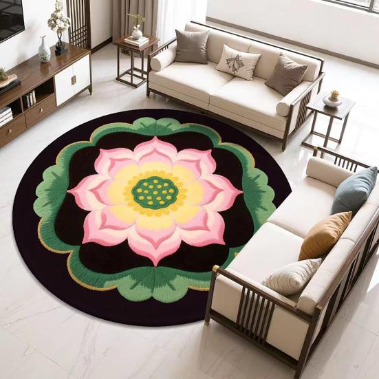 Lotus Flower Floor Mat Round Living Room Rug Lotus Pattern Carpet with Non-Slip Backing for Home Office Bedroom Kitchen