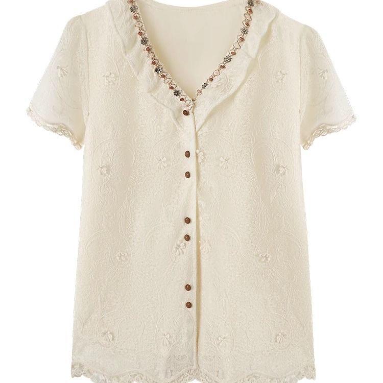 

Women s Chinese Style Lace Short Sleeve Shirt & Embroidered Skirt Two-Piece Set XL (130-145 jin)