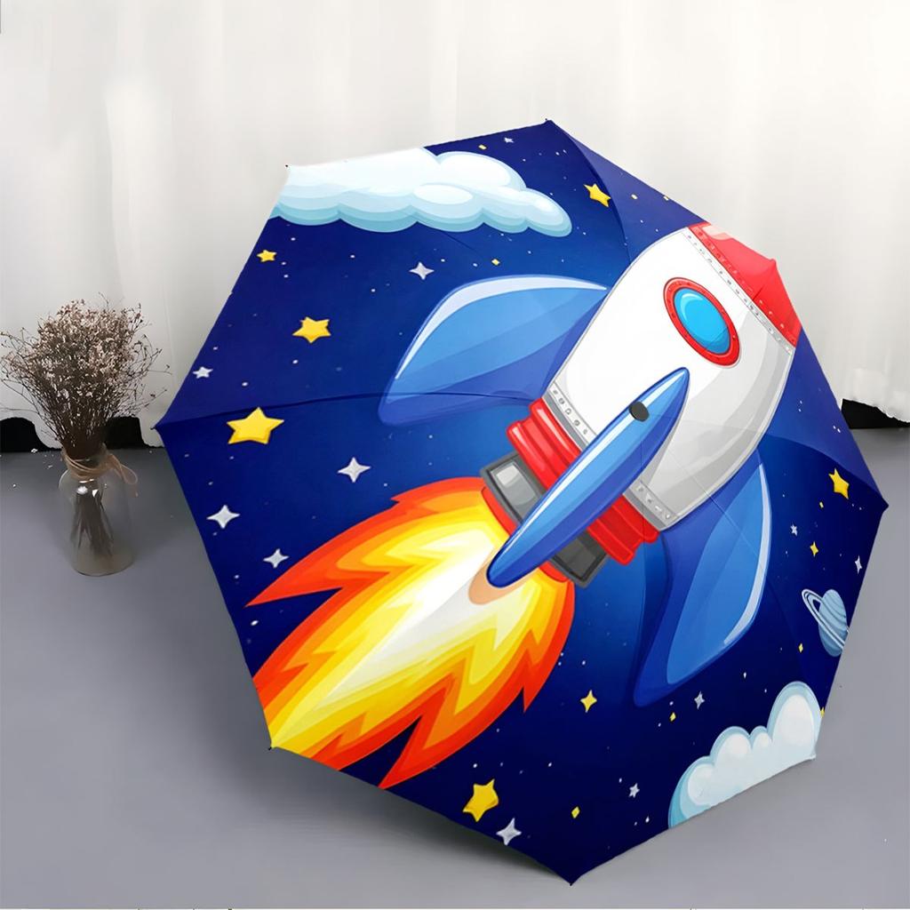 Opening/Closing Folding Umbrella with Rocket & Space - Self-Opening/Closing, Portable Compact Umbrella Suitable for s &, Holid