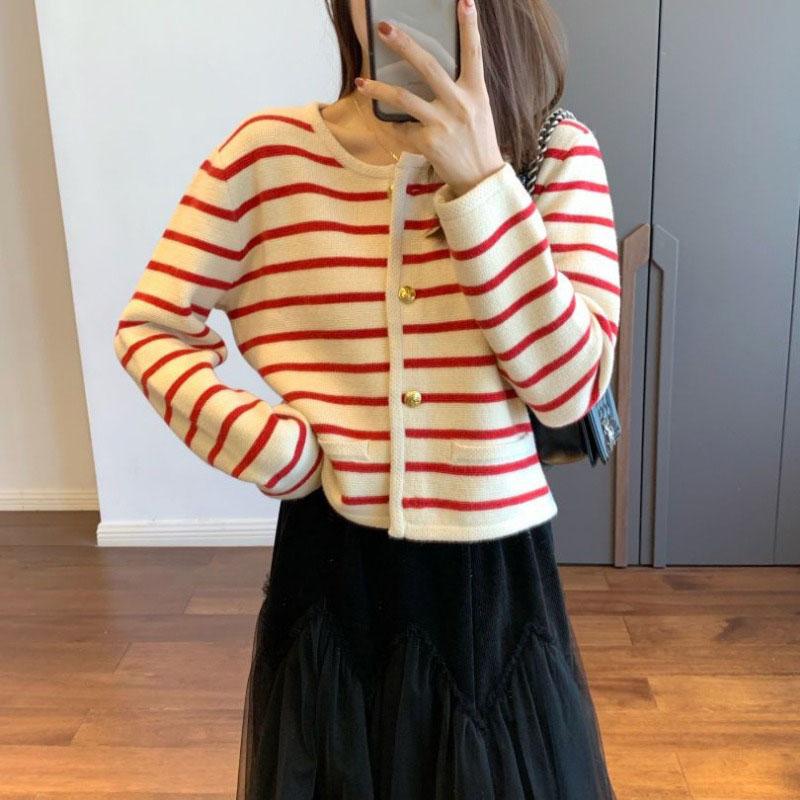 Original Niche Design Gold Button Striped Knitted Cardigan Women Knitted Sweater Casual Long Sleeved Sweater Cardigan Female Top