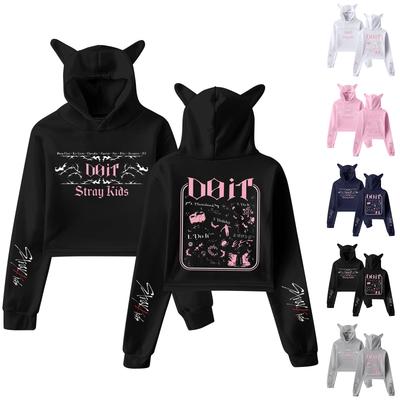 Stylish Women's Hooded Pullover Sweatshirt With Stray Kids Print, Trendy Long-sleeved Top.