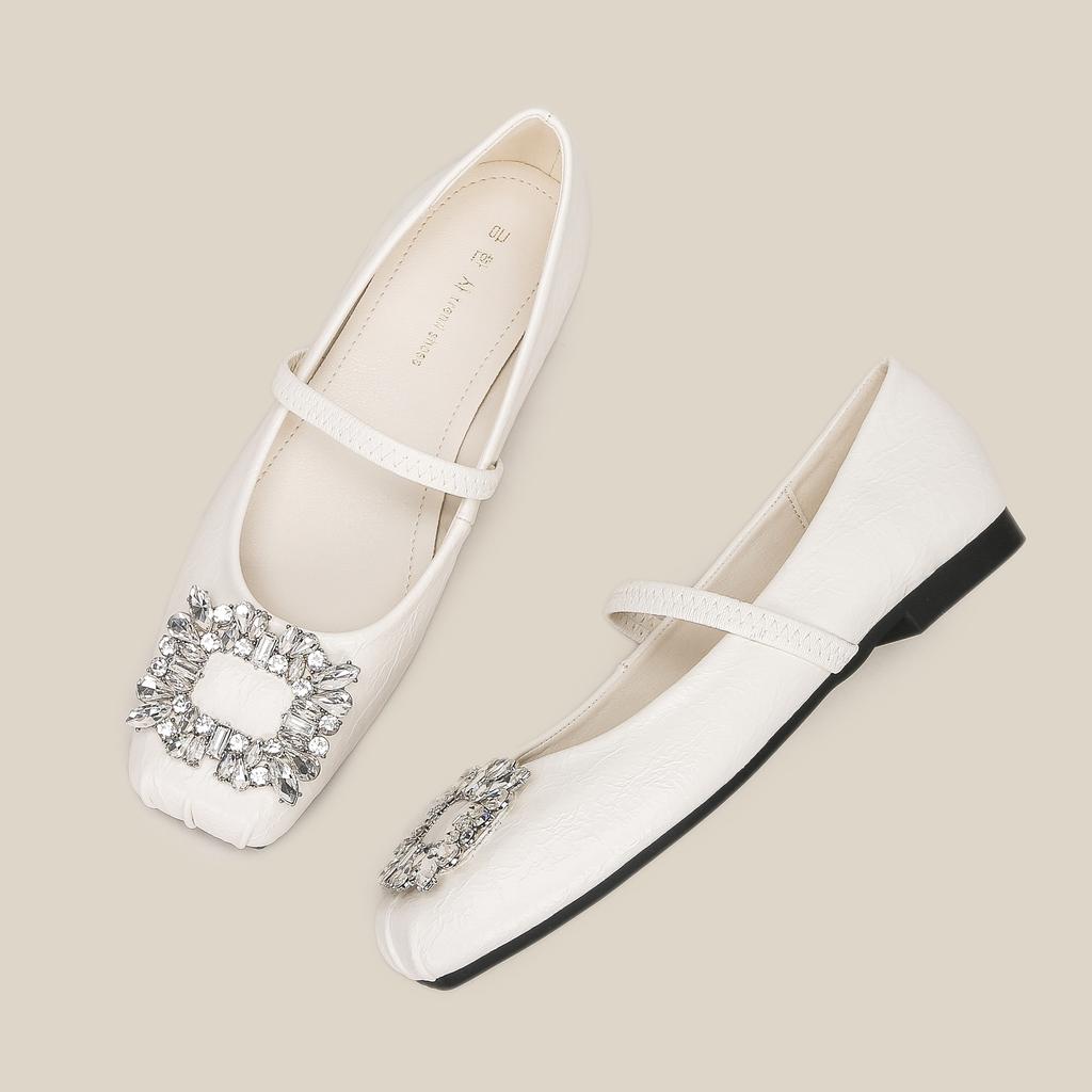 H83-3 silver casual women's shoes soft sole with large rhinestone square head shoes children's Internet celebrity ballet shoes Doudou shoes