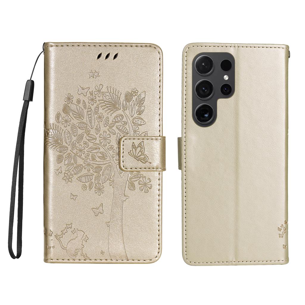 For Samsung Galaxy S24 Ultra Phone Case with Stand Cat Tree Pattern Leather Wallet Mobile Cover