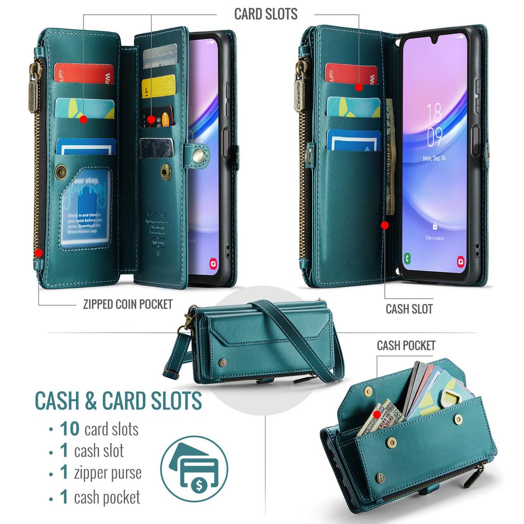 For Samsung Galaxy A16 5G/A16 4G Leather Case CASEME C36 Zipper Multiple Card Slots Phone Cover with Straps