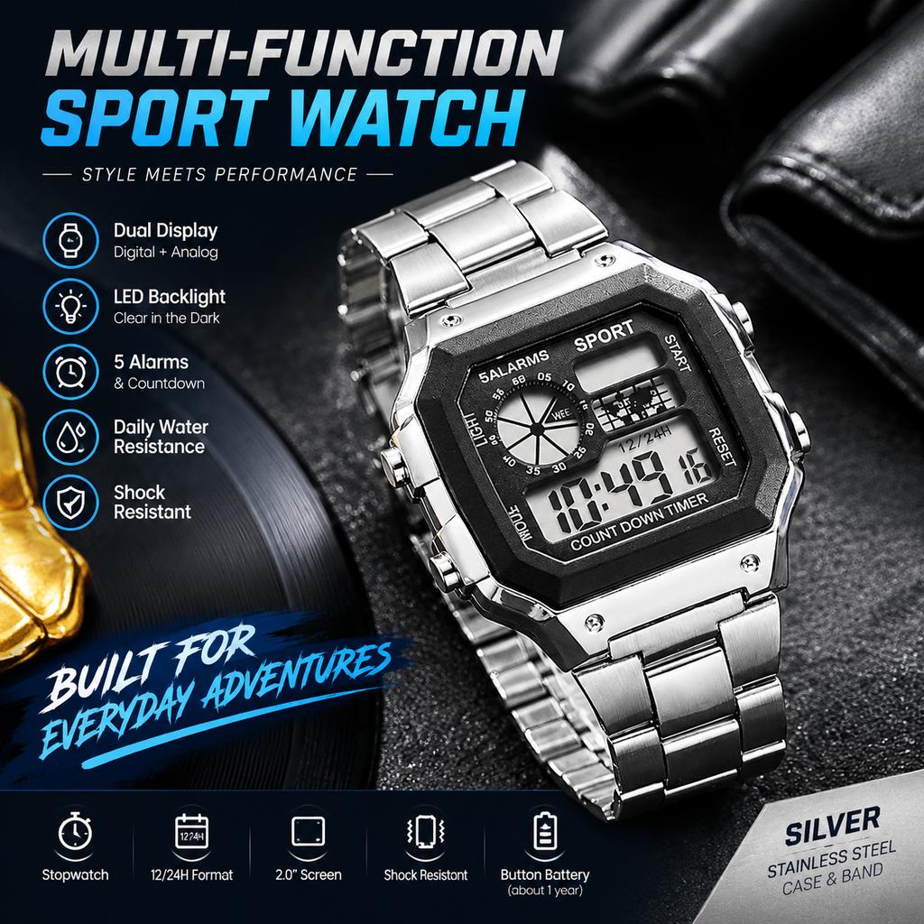 Square LED Digital Watch with Stainless Steel Case, Dual Display, Daily Water Resistance