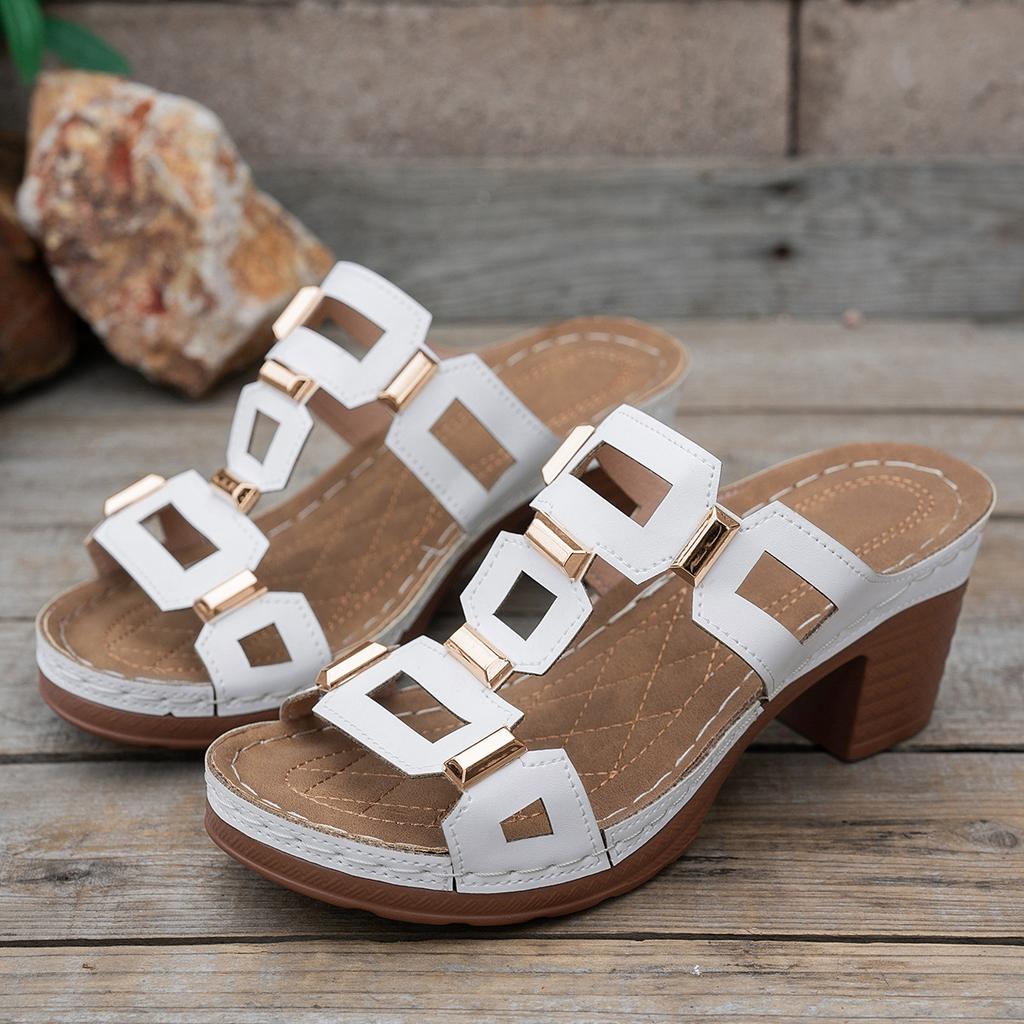 Sandalias con tacón de bloque para mujer, elegantes tacones sin cordones para salir y uso informal en verano