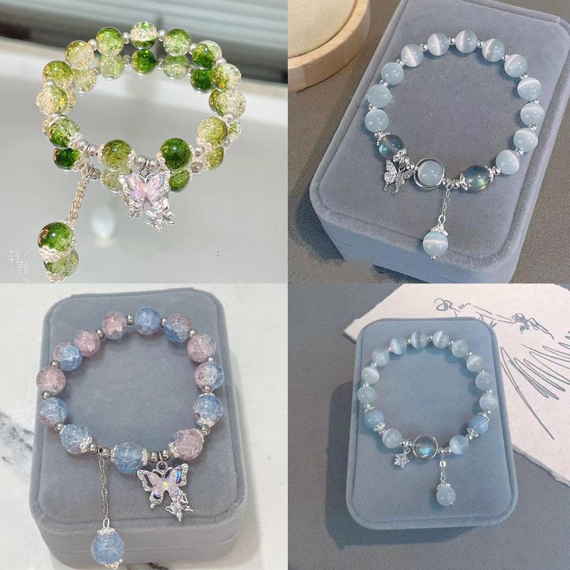 New Women's Mori Style Butterfly Glass Bracelet with Colorful Crackle Beads