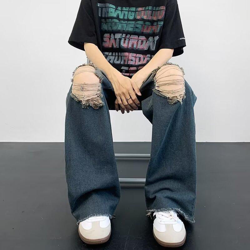 American High Street Ripped Washed Jeans Men and Women Summer New Old Couples Wide Legs Mopping Loose
