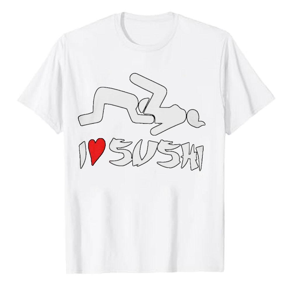 Abstract Brush Calligraphy I Love Sushi Red Heart Graphic Cotton Tshirt Japanese Food Retro Streetwear Loose Unisex Daily Tops