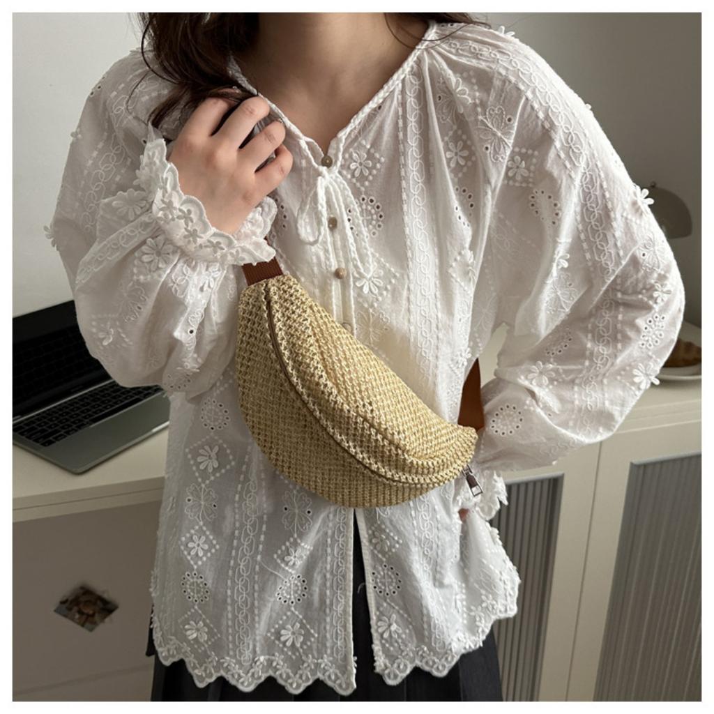 Women'S Stylish Woven Chest Bag - Light Brown, Crossbody Sling Phone Pouch with Zipper Closure, Versatile Waist Pack for Beach, Beach Bag