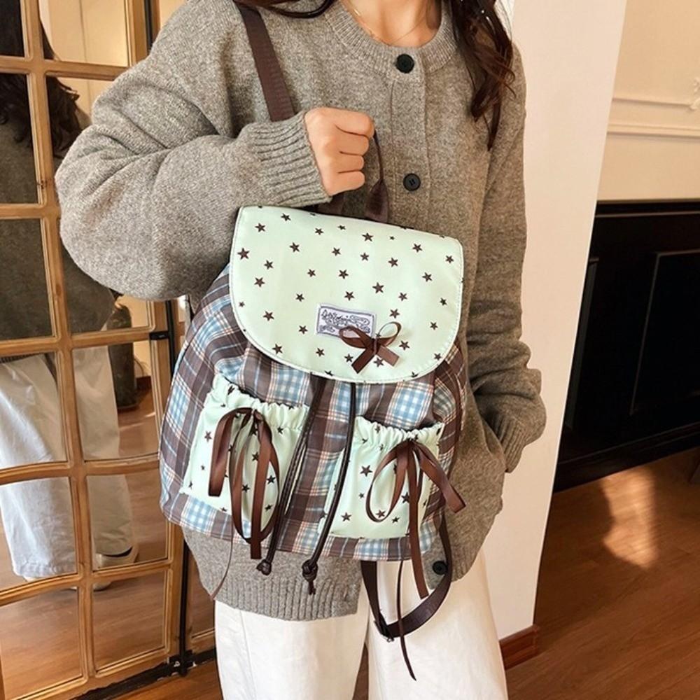 Süße Schleife Doppelschultertasche Karomuster Sternendruck Schultaschen für Schüler Gittermuster Vintage Minzgrün Kleiner Rucksack Schule