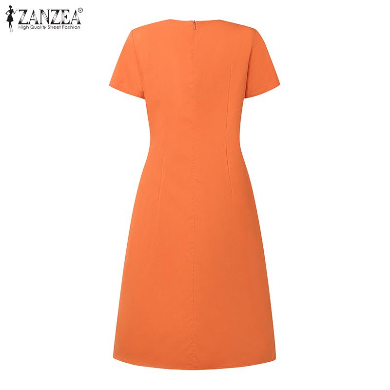 ZANZEA Women Casual Round Neck Summer Solid Color Short Sleeve Dress
