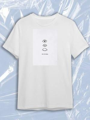 TeeSensation White Crew Neck Short Sleeve T-Shirt with Do Not Sleep Three Eyes Line Art Print