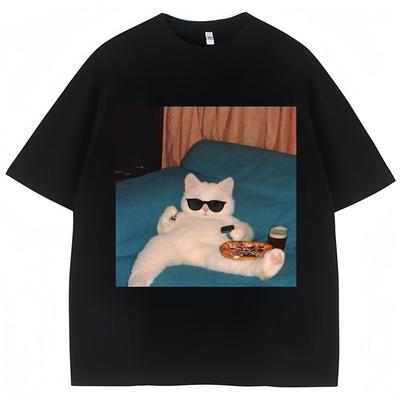 Funny Glasses Cat and Pizza Meme T-shirt Men Women Creativity Fashion Kawaii T Shirts Loose Cotton Casual Tees Cat Lovers Gifts