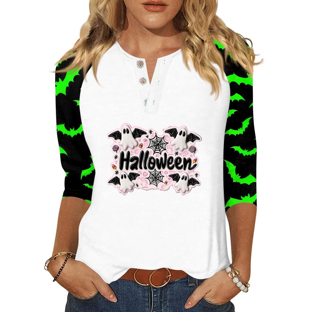 Dames T-shirt Halloween Print Knopen 3/4 Mouw Dagelijks Weekend Mode Basic V-Hals Normaal Topje