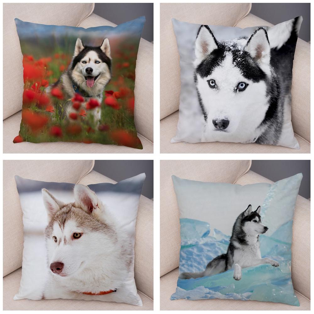 Pet Animal Sofa Cushion Cover Cute Siberian Husky Pillowcase Decorative Dog Print