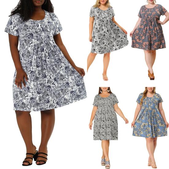 Women Dress Round Neck Short Sleeve Pleated Detail Short Dress Floral Print Flowy Hem Loose Fit Dress Plus Size