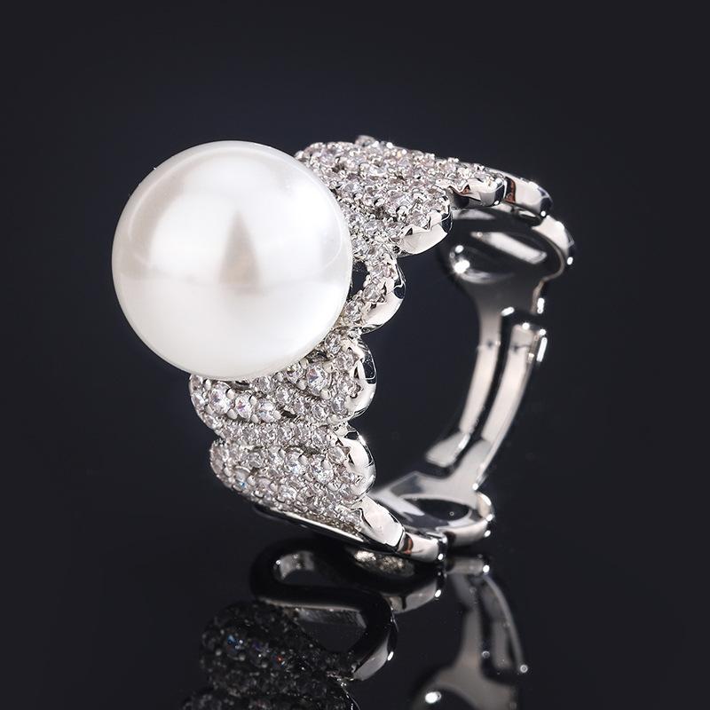 Jewelry Copper Platinum Plated Row Ring Pearl Temperament Personality Women'S Ring 12Mm