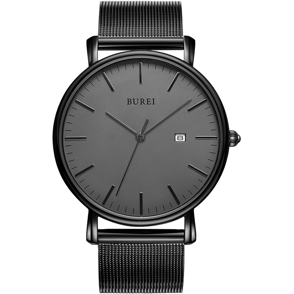 BUREI Men s Analog Quartz Watch Waterproof Date Black Milanese Mesh Strap Business Style
