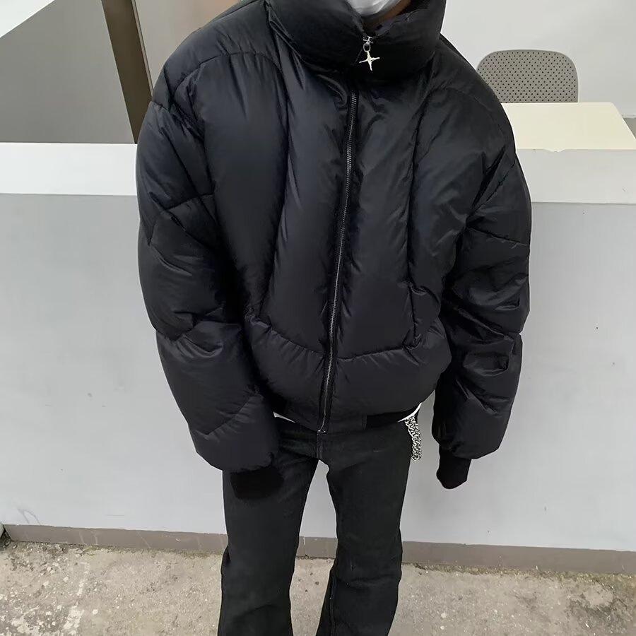 Men's Vintage American-Style Cotton Jacket: Trendy, High-End, Warm, Short Stand Collar, Black Coat for Autumn and Winter