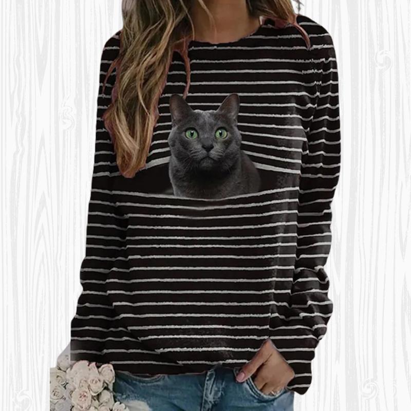 Topuri Toamna Femei Loose Cat Cute Cat Print Causal Tricou Maneca Lunga Top Bluza
