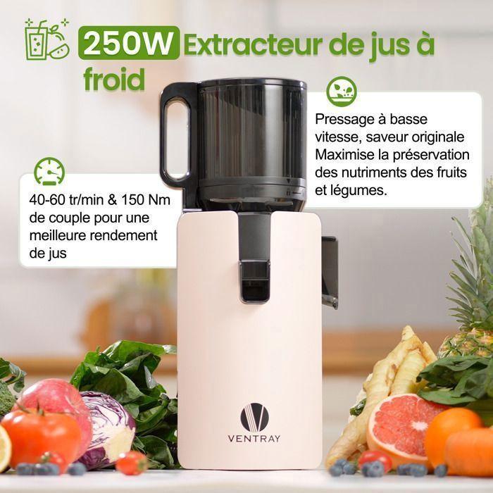 Extracteur de jus à froid - VENTRAY - 250W pour Fruits et Légumes - Goulotte 120mm - 1.2L - Nettoyage Facile - Ivoire