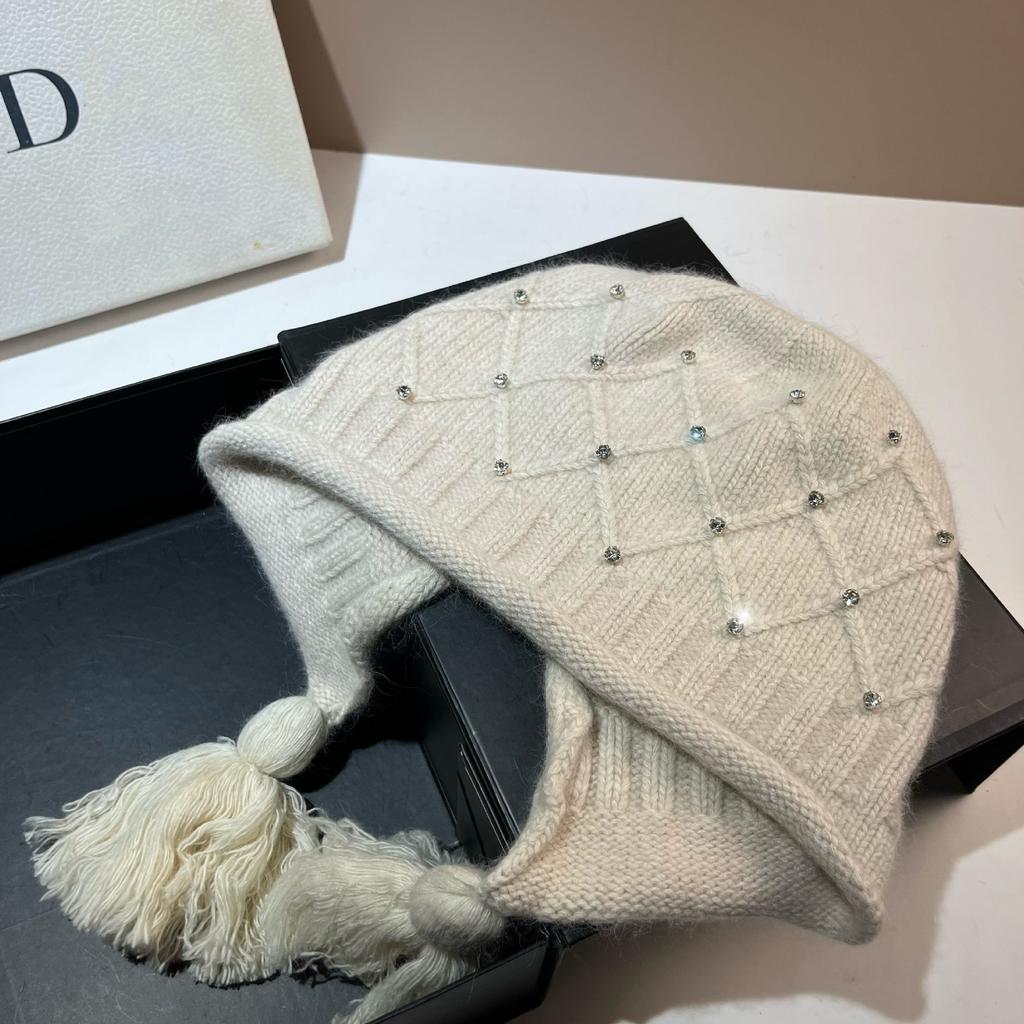 Xiaoxiangfeng Rhombus Rabbit Velvet Knitted Hat Angora Rabbit Hair Warm Soft Waxy Ear Protection Hat Rhinestone Fringed Baotou Hat Winter
