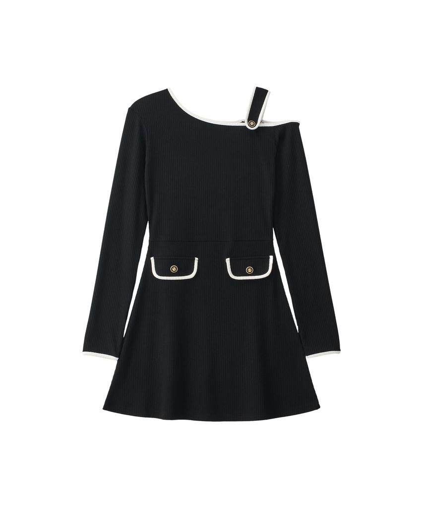 SALON DE YOHN One Shoulder Long Sleeve Mini Dress_ Black