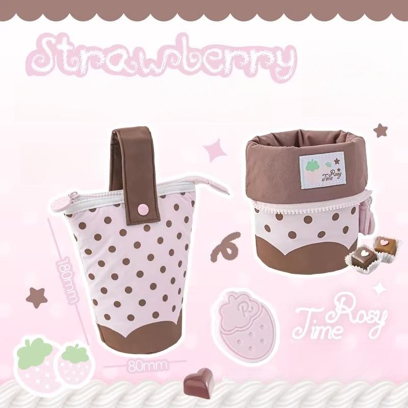 

Polka Dot Strawberry Storage Bag for Girls Cosmetic Bag Foldable Kawaii Makeup Bag Ladies Zipper Traveling Organizer INS Style коричневый