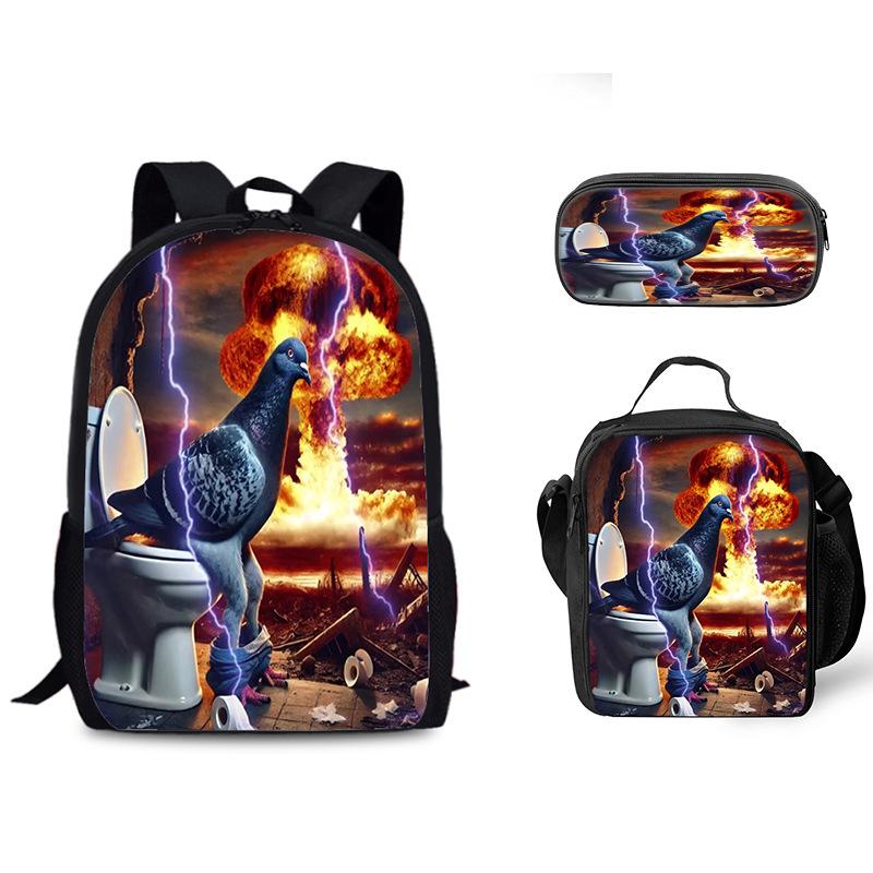 Luxus Beliebt Lustig Neuheit Taube auf Toilette 3D Druck 3Stück/Set Schüler Schultaschen Laptop Tagesrucksack Rucksack Lunchtasche Federmäppchen