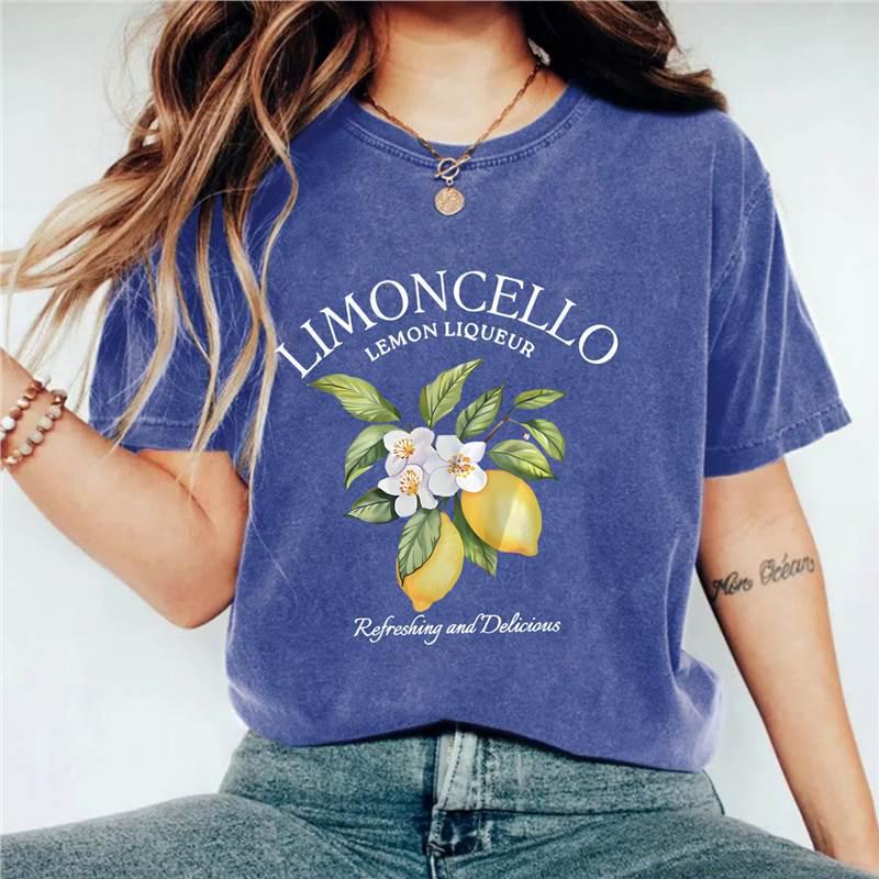 

Retro Unisex Lemon Print Washed Distressed Cotton T-shirt Large синій