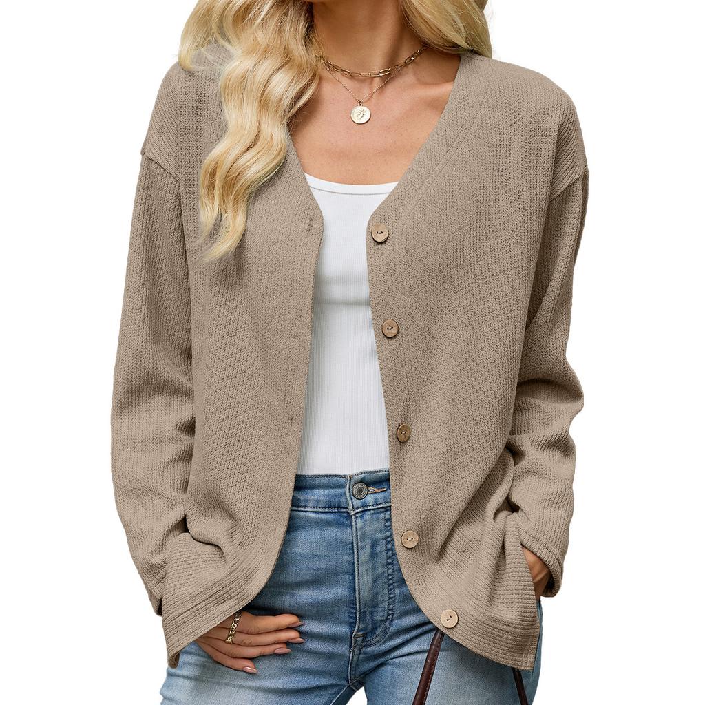 Europe, America 2026 Autumn and Winter New Solid Color V-neck Loose Long-sleeved Button Cardigan Jacket Women