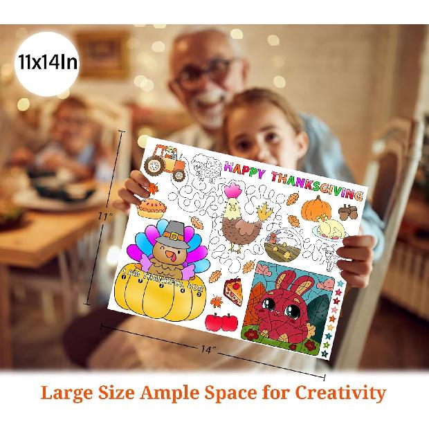 Thanksgiving Coloring Placemats for Kids - Set of 16 Turkey Table Mat Thanksgiving Disposable Paper Placemats Fall Harvest Thanks Giving Activities