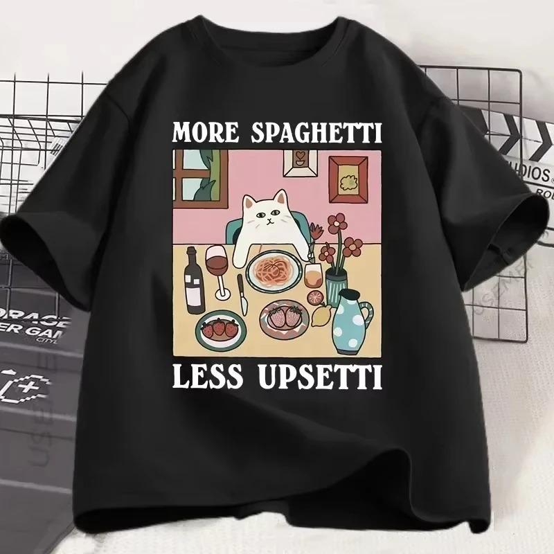 More Spaghetti Less Upsetti Cat TShirt Funny Cat Lover Tee Food Humor Graphic Top for Women Casual Loose Print Breathable Top S