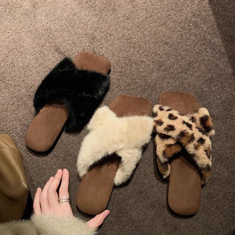 Grape mother temperament square head cross strap lazy leopard print flat bottom fluffy shoes women's cotton slippers