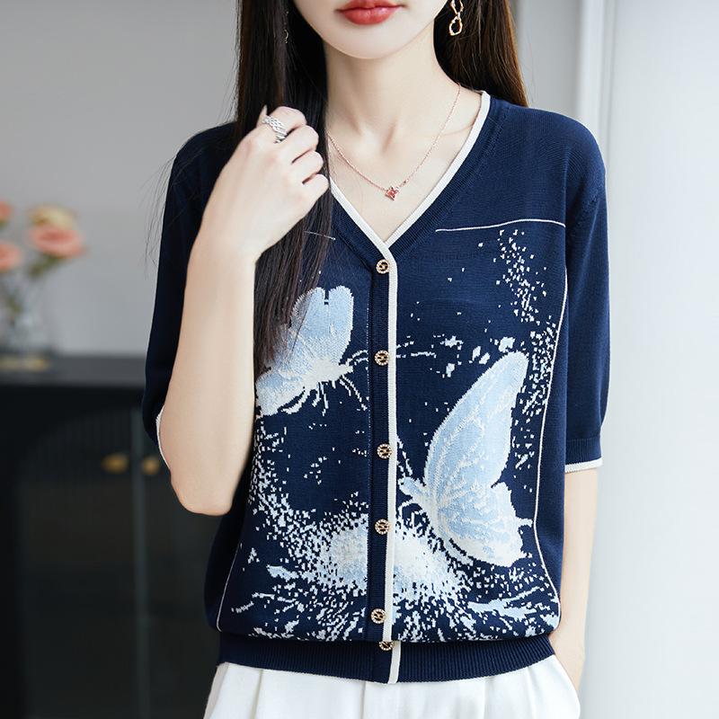 

Летняя блузка нового стиля, тонкая с рукавом три четверти, женский вязаный кардиган с жаккардовым узором XL