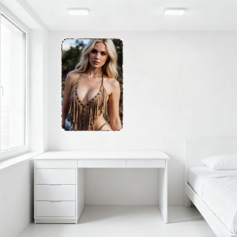 Vintage Retro Blonde Frau mit gewelltem Haar Fransen-Neckholder-Oberteil Metallblechschild für Heimbar Man Cave Dekoration