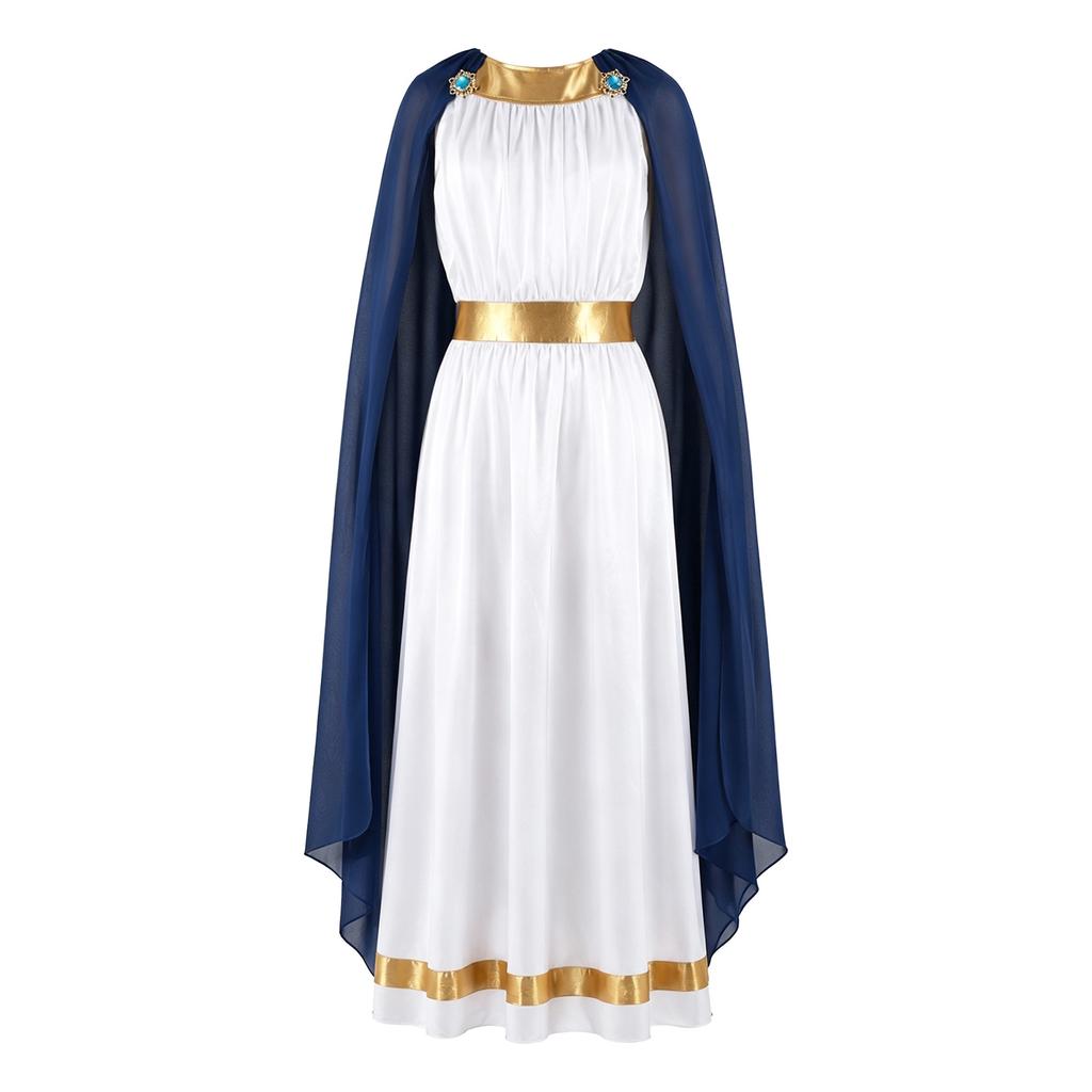 Disfraz Griego Romano para Niñas de Halloween Túnica con Chal Lateral de Contraste Cremallera Trasera Sin Mangas Vestido con Ribete Metálico para Cosplay