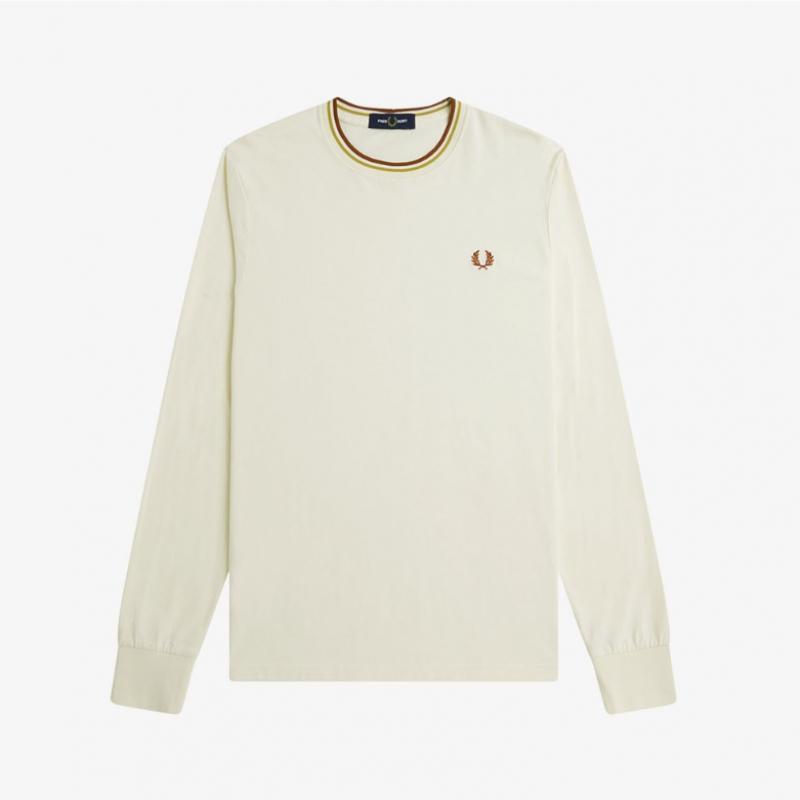 Fred Perry Long Sleeve Twin Tip T shirT Ecru Honeycomb Marmalade Afpm2439602 X01
