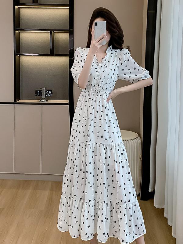 

French Style Floral Print White Summer Dress with Ruffle Collar & Puff Sleeves S