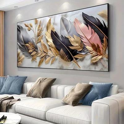 Artă pe Pânză cu Pană, Tonuri Neutre și Metalice, Decor de Perete, Poster Imprimat Fără Ramă pentru Sufragerie, Zonă de Dining, Artă de Perete pe Pânză