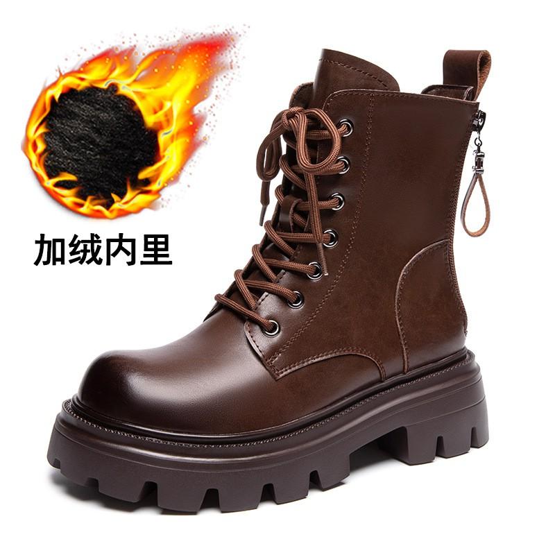 Womens Chunky Sole Chelsea Boots With Zipper Back Lace-Up Front Classic British Style Ankle Winter