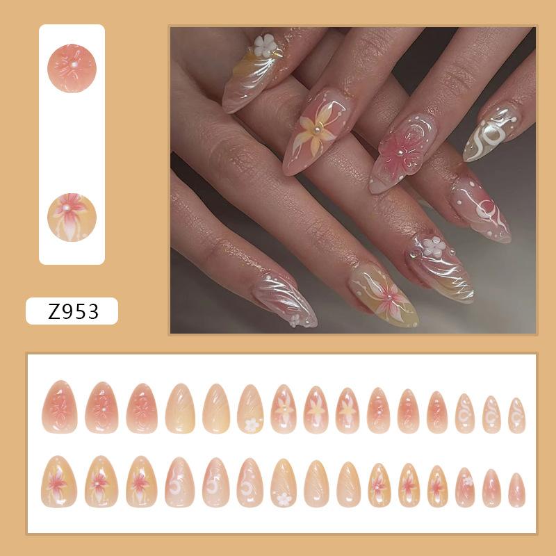 Nail Patch Removable Nail Orchid Fake Nail Elegant and Gentle Wear Nail Three-dimensional Pearl Diamond 30 Pieces