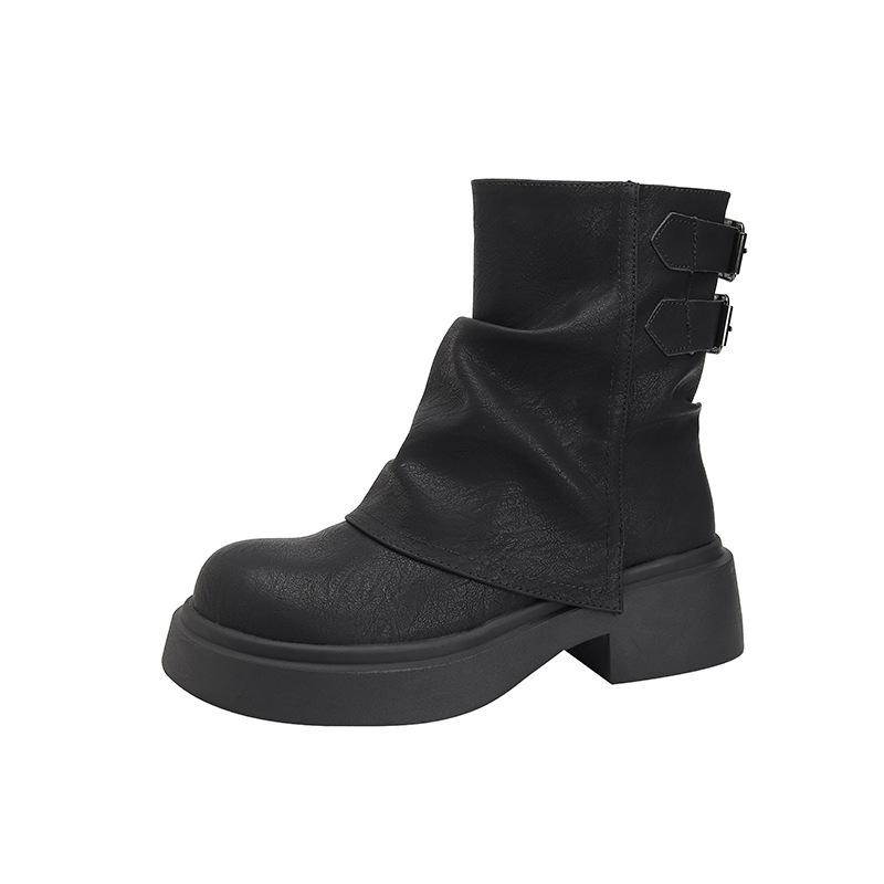 Short boots children's new autumn and winter pleated knight boots thick-soled versatile boots women's pile student boots