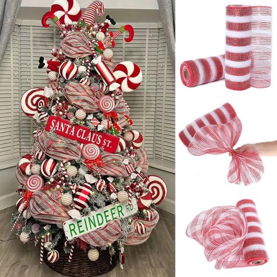 Christmas Mesh Ribbon 10 Inch X 10 Yards Red/Red White