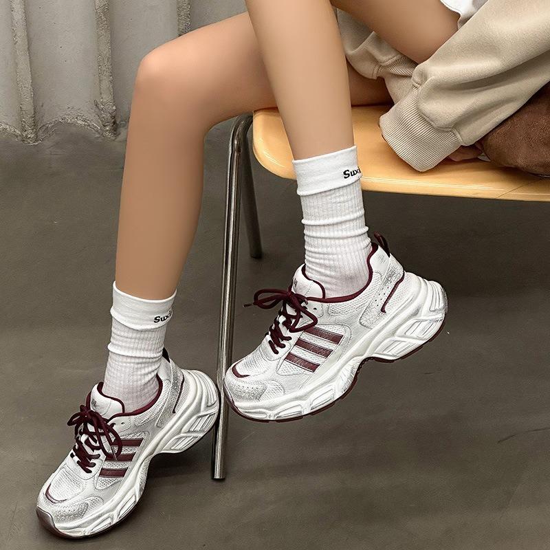 Retro polished dad shoes women's spring new three-bar old sports shoes thick-soled heightening leather running shoes