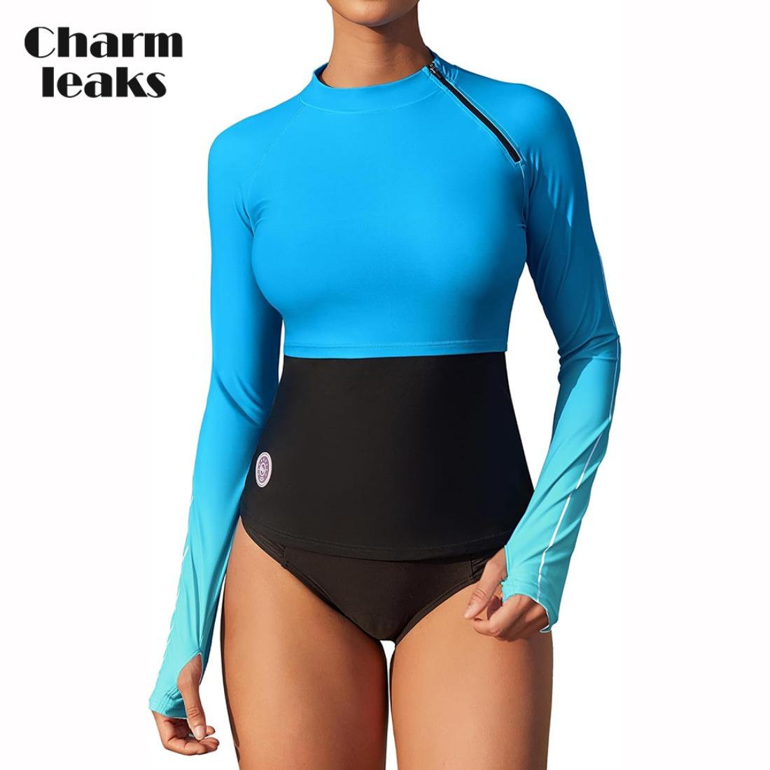 

Женская рубашка для плавания Charmleaks UPF 50+ с длинными рукавами, градиентный топ для плавания с цветными блоками и молнией на плечах XL зелёный